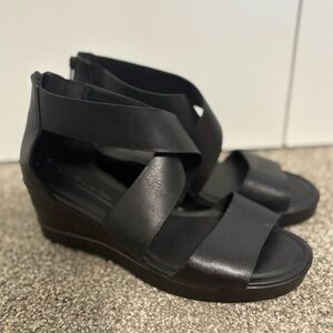 Ecco Elegant Black Leather Wedge Crossover‎ Sandals Women's Size 9